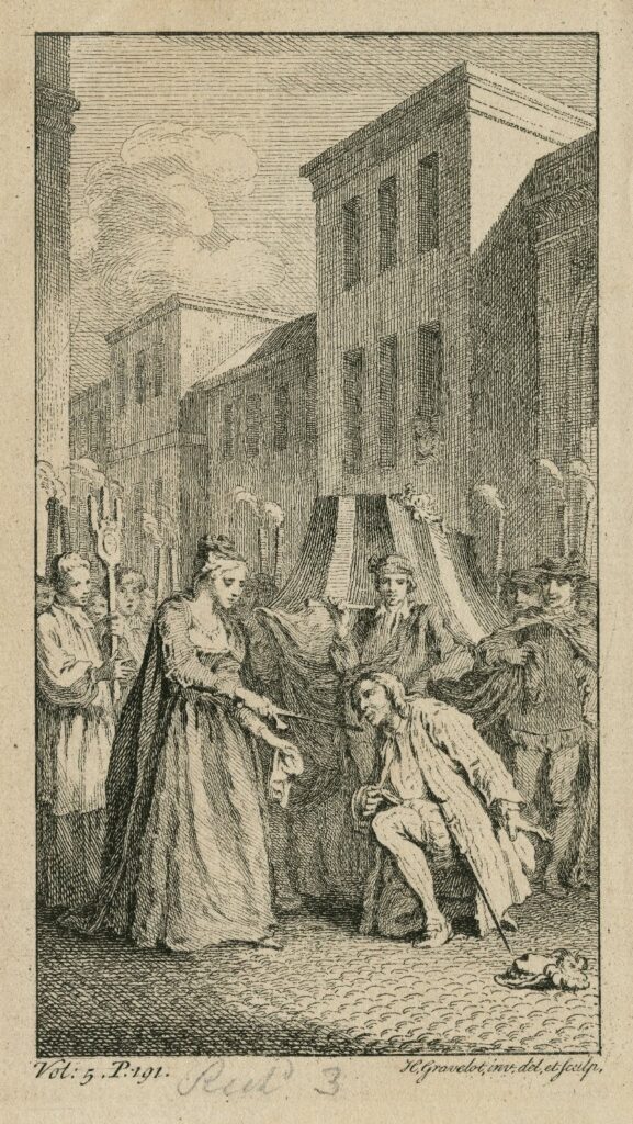 Anne gestures toward Richard with a sword in a crowded street. This engraving by Hubert François Gravelot is an act and scene division derived from Neilson-Hill edition of Shakespeare, 1942. 