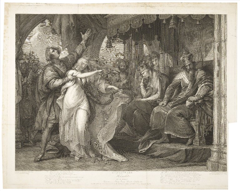 This engraving depicts Ophelia, Gertrude, Laertes, and Claudius in Act 4 Scene 5 of Hamlet. Ophelia's arms wave out to the side, and Laertes appears to restrain her. Gertrude and Claudius sit upon thrones.