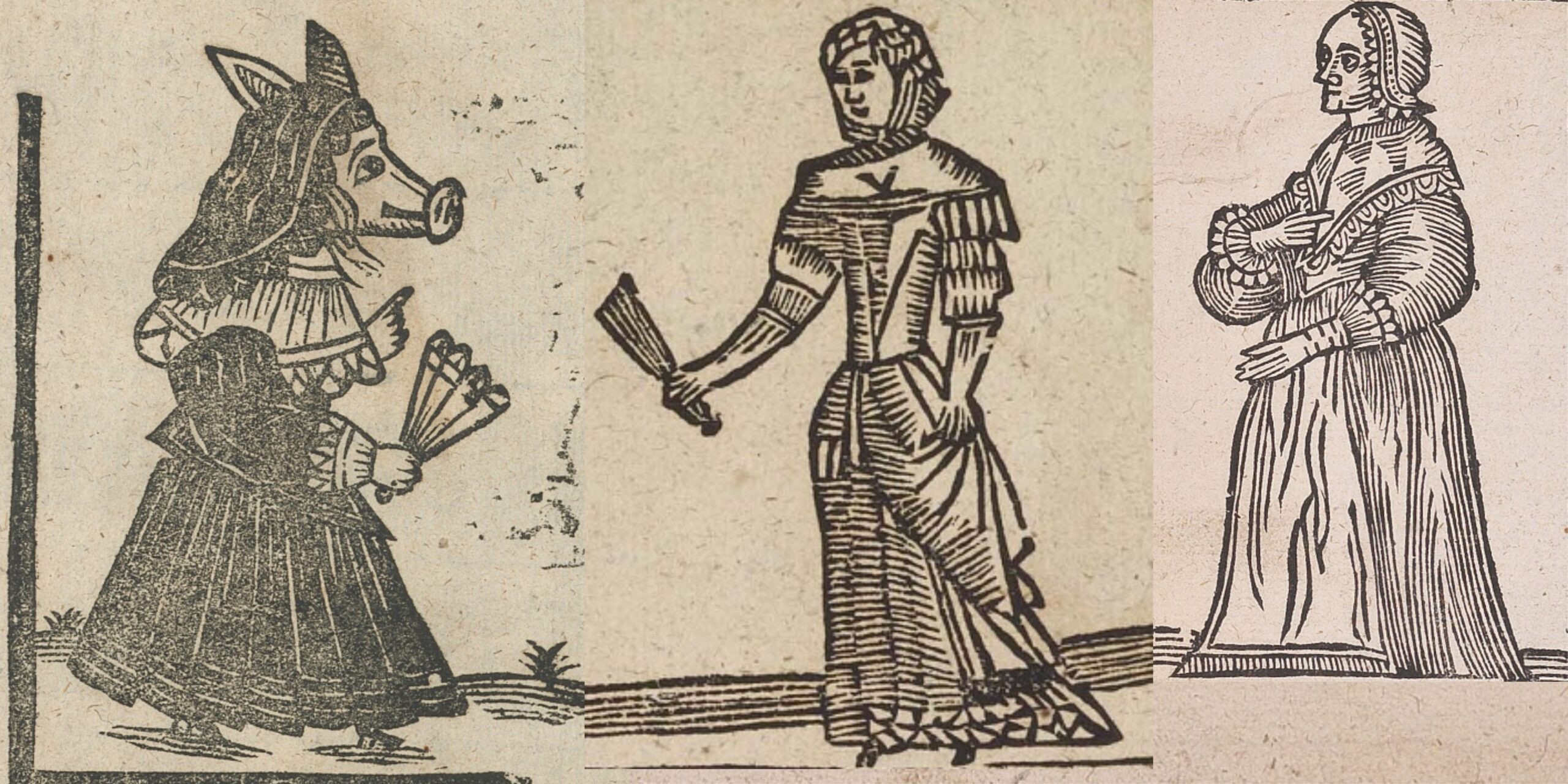 Three women from broadside ballad woodcuts: the long-nos'd lass (a woman with a pig's face), a young woman with a fan, and an old woman gesturing toward herself.